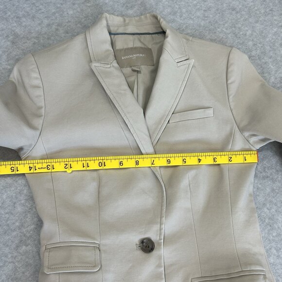 BANANA REPUBLIC Petite 00 Tan Stretch Fitted Blazer Lined Teal Accent Back Vents - Picture 4 of 10